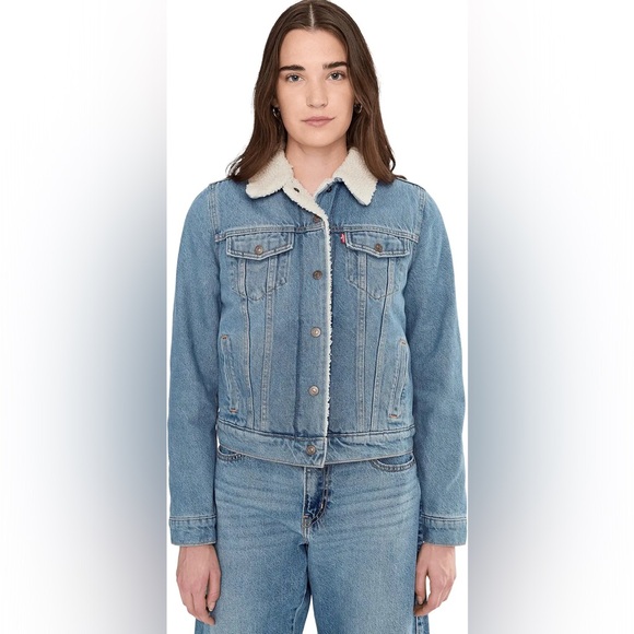 Levi's Original Cropped Sherpa Trucker Denim Jean Jacket Women's Large NWTs - Picture 2 of 16